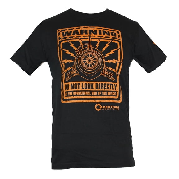 Portal Mens T-Shirt - Warning Do Not Look Aperature Warning Label Image (Large)