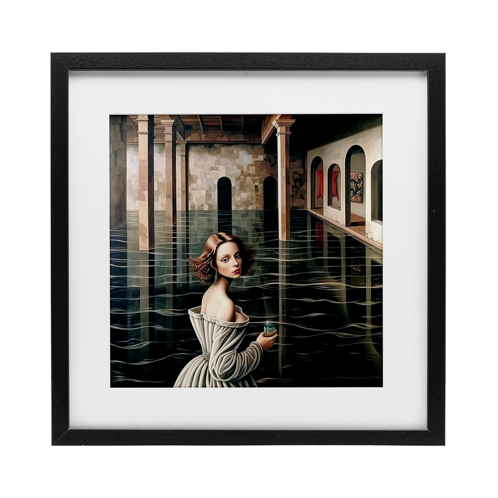 Portal Of Reflections Black Framed Print Under Glass, design by Sasha