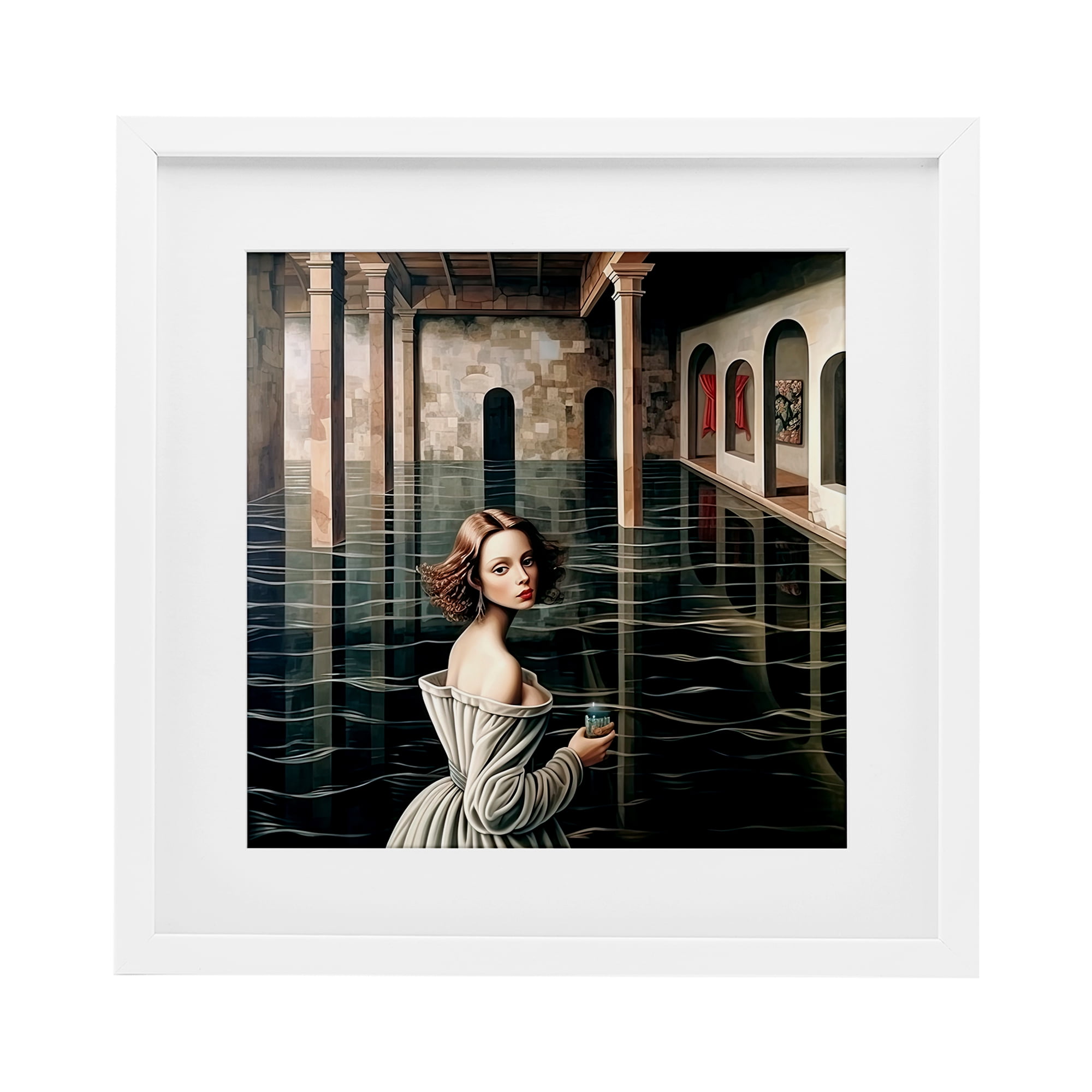 Portal Of Reflections White Framed Print Under Glass, design by Sasha