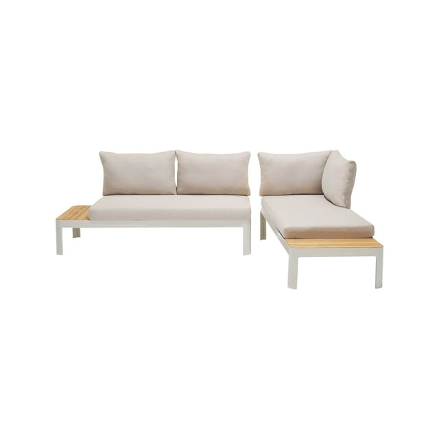Portals Outdoor 2 Piece Sofa Set in Light Matte Sand Finish with Beige Cushions and Natural Teak Wood Accent
