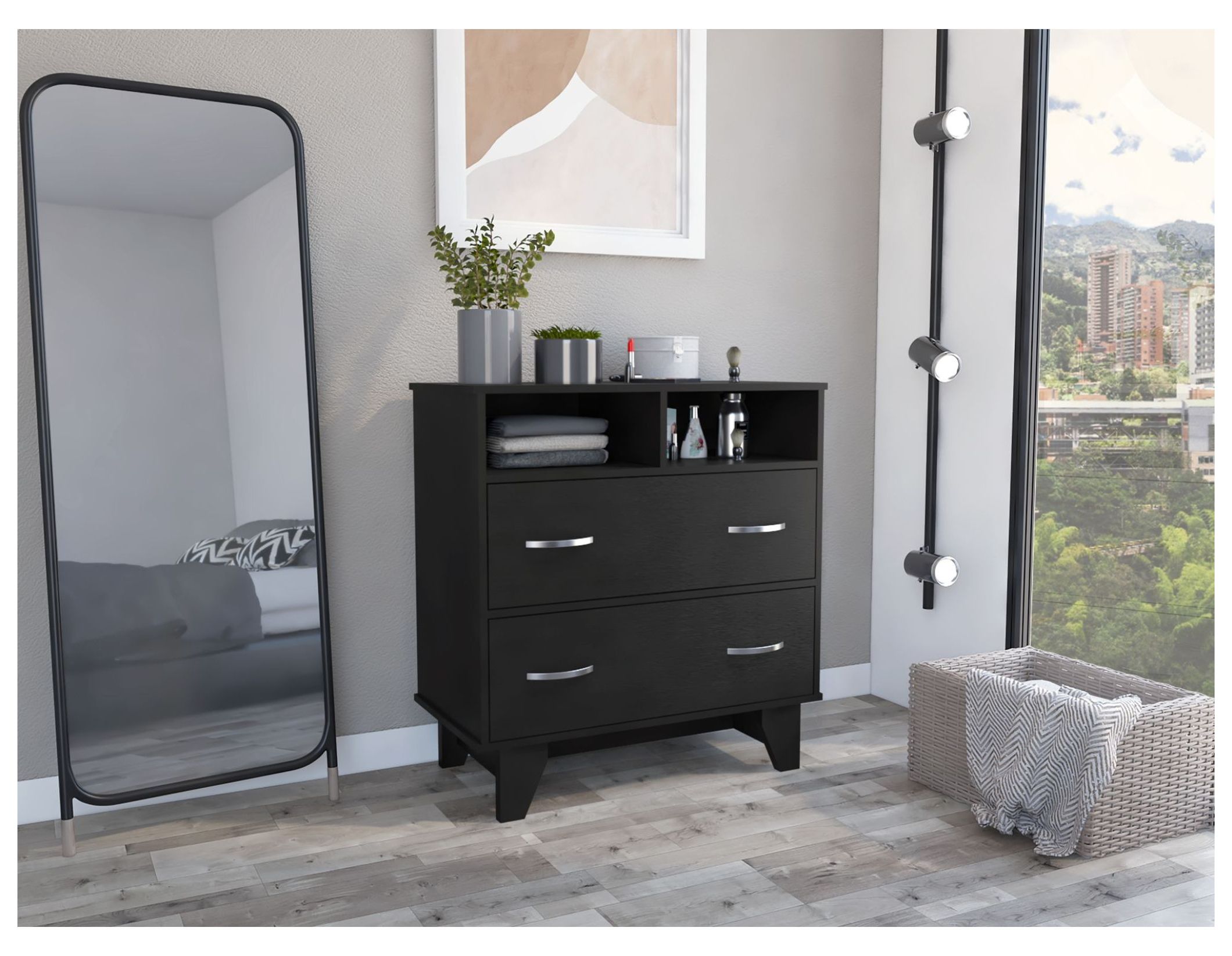 Portanova White 2-Drawer Dresser with Open Shelves and Superior Top