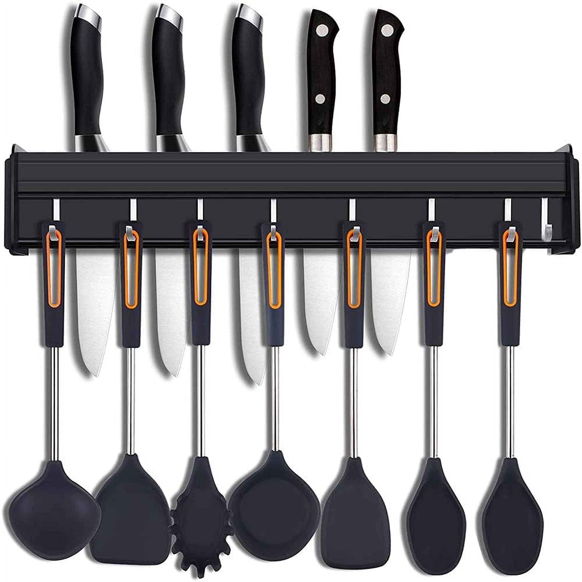 Porte-Ustensiles De Cuisine Mural - Barre Avec Crochets Pour Casseroles, Couteaux Et Ustensiles - Gain De Place - 40cm Noir