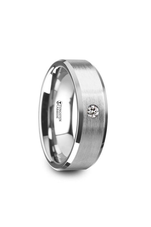 Porter Brushed Finish Tungsten Carbide Wedding Ring With White Diamond Setting And Beveled Edges