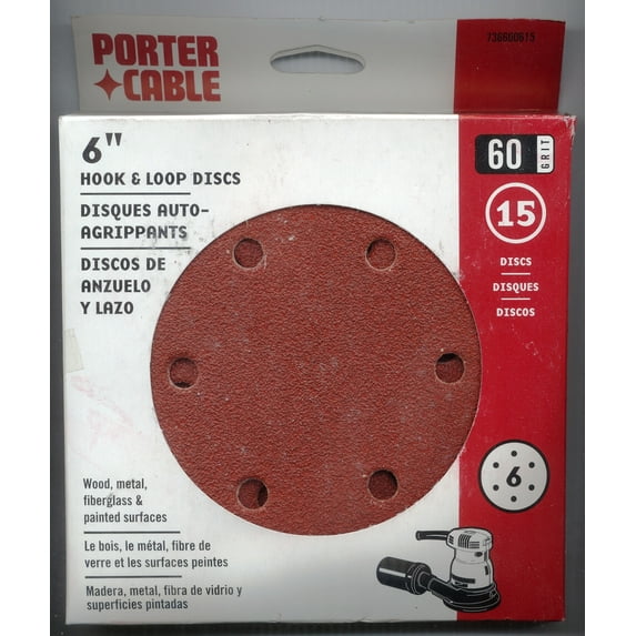 Porter-Cable 736600615 Sanding Disc 6" Hook Loop, 60 Grit, 15 Pack PC-736600615