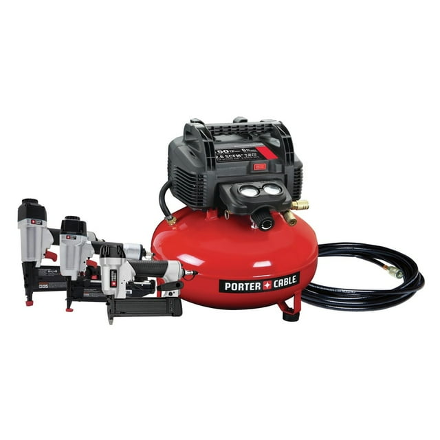 PorterCable PCFP3KITR 3Piece Nailer and 0.8 HP 6 Gallon OilFree Pancake Air Compressor Combo