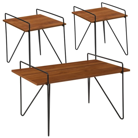 Porter Collection Flash Furniture 3 Piece Coffee and End Table Set in Cherry Wood Grain Finish and Black Metal Legs