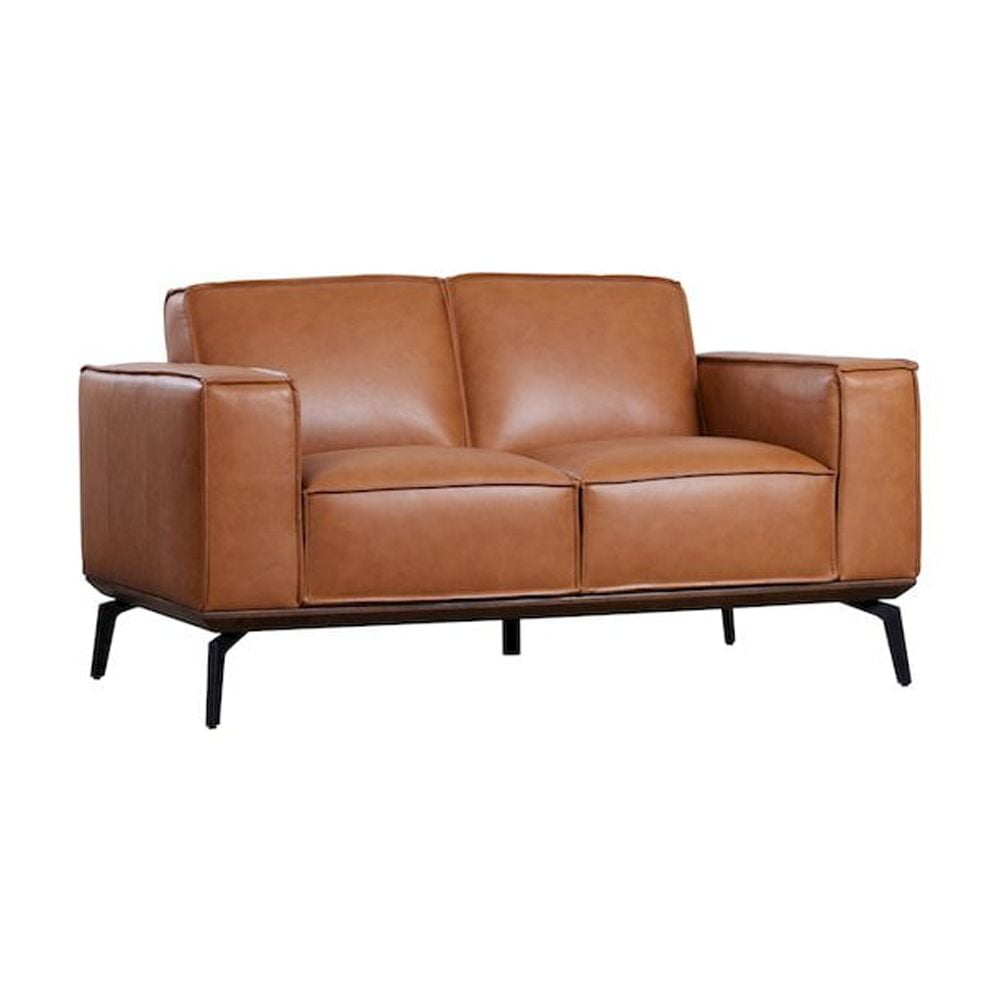 Caramel Leather Loveseat with Black Metal Legs and Wood Trim
