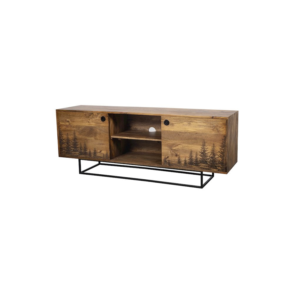 Cascade 64'' Black Laser Etched Fir Trees Solid Mango Wood TV Stand