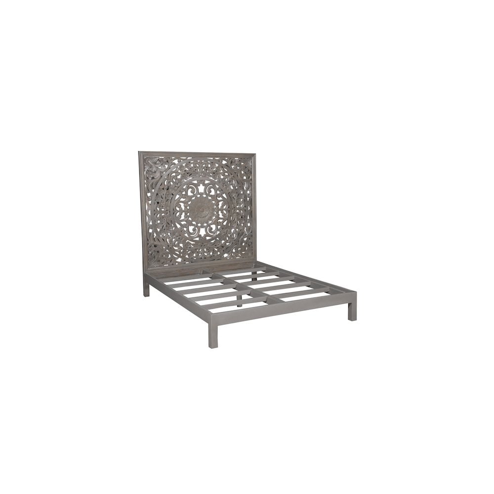 Gray Hand Carved Mango Wood Queen Bed with Floral Motif