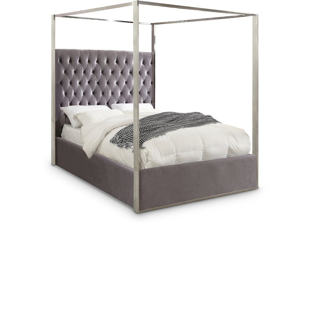Regal Grey Velvet Tufted Queen Canopy Bed with Chrome Frame