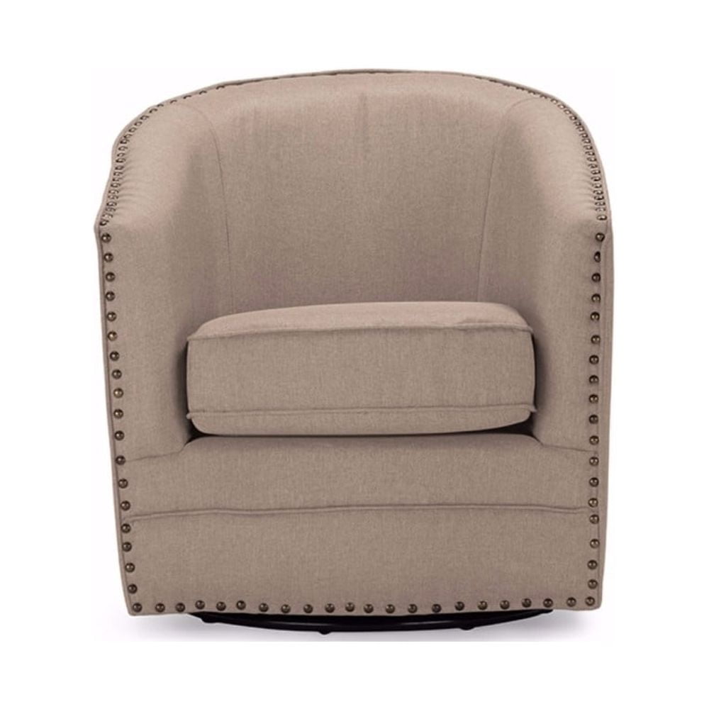 Classic Retro Beige Swivel Barrel Accent Chair with Nailhead Detail