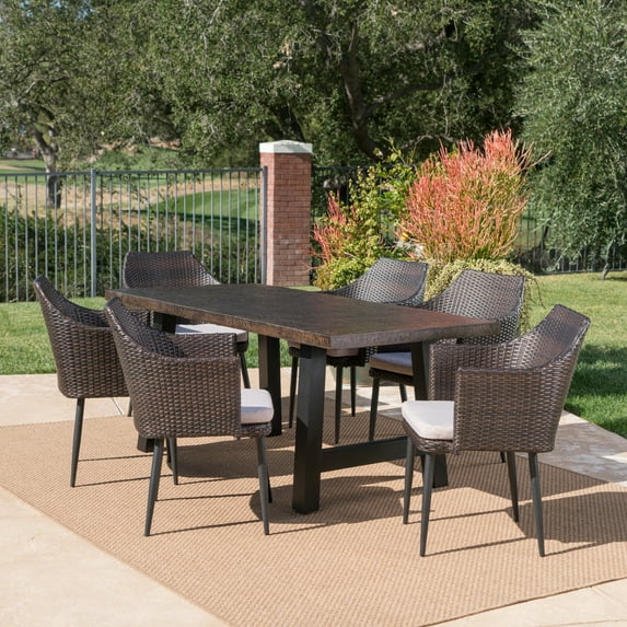 Porter Outdoor 7 Piece Wicker Dining Set with Light Weight Concrete Dining Table, Stone Brown, Black, Multibrown, Textured Beige