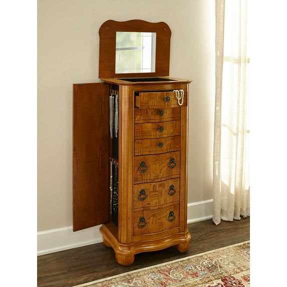 Porter Valley Jewelry Armoire, Distressed Oak, White Ash Burl and Walnut Inlay with Black Lining