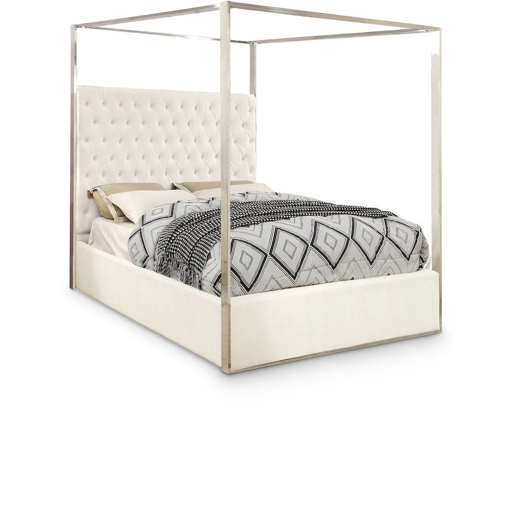 Regal White Velvet King-Sized Canopy Bed with Chrome Accents