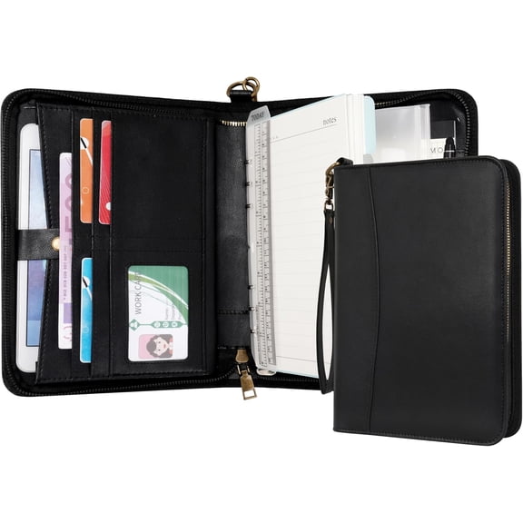 Portfolio A5 Binder Journal with Zipper - Leather pu Writing Notebook Padfolio with Detachable Refillable Notebook, Legal Pad for Business Study and Travel Organizer (Black)
