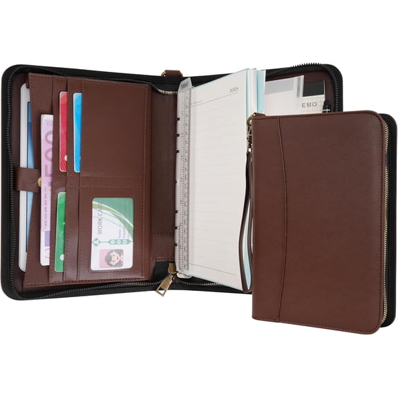 Portfolio A5 Binder Journal with Zipper - Leather pu Writing Notebook Padfolio with Detachable Refillable Notebook, Legal Pad for Business Study and Travel Organizer (Coffee)