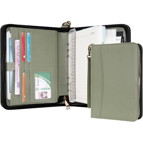 Portfolio A5 Binder Journal with Zipper - Leather pu Writing Notebook Padfolio with Detachable Refillable Notebook, Legal Pad for Business Study and Travel Organizer (Green)