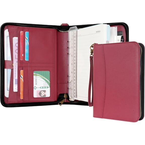 Portfolio A5 Binder Journal with Zipper - Leather pu Writing Notebook Padfolio with Detachable Refillable Notebook, Legal Pad for Business Study and Travel Organizer (Red)