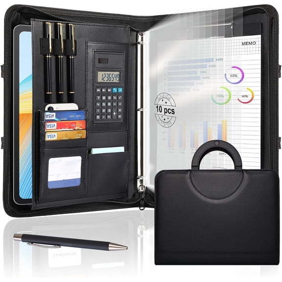 Portfolio Binder with Handle, Zippered Padfolio with 3 Ring Binder, Includes 1 Pen and 10 Dividers, PU Vegan Leather, Fits 13" Tablet, Solar Calculator, Card Storage, A4 Writing Pad