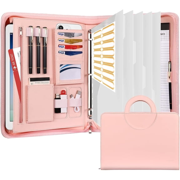Portfolio Binder, Includes 5 Folder Index Dividers, 13 Inch Tablets Organizer with Handle, Vegan Leather A4 Padfolio, Multi-Pocket Notepad Business Planner Professional Document