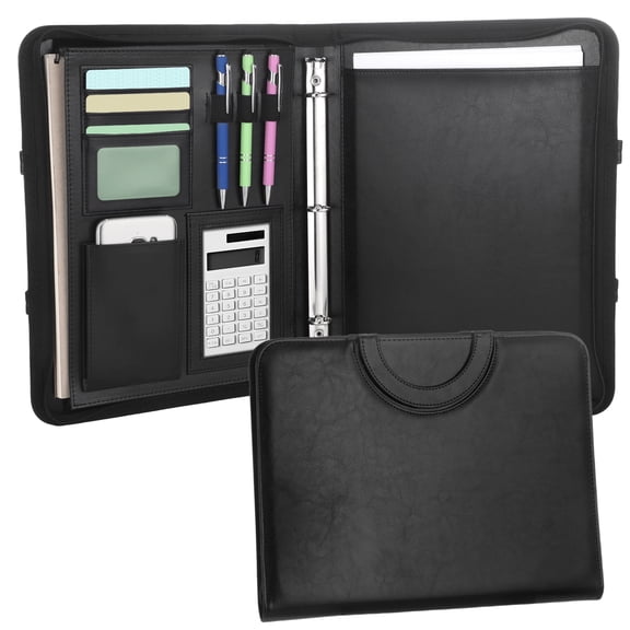 Portfolio Binder Organizer, Multi-functional PU Leather Zippered Padfolio Organizer with 3-Hinge Binder, A4 Document Holder, Card & Pen Slots, and Calculator Sleeve Pocket for Interviews, Meetings