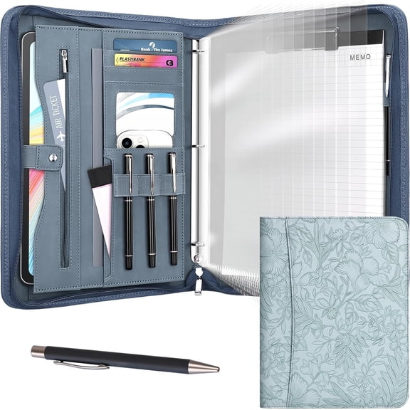 Portfolio Binder, Padfolio Organizer, 3 Ring Binder with Zipper | Includes Pen and 10 Sheet Protectors, Fits 13 in Tablet, Vegan Leather, for Business Resume Office Professional Men and Women