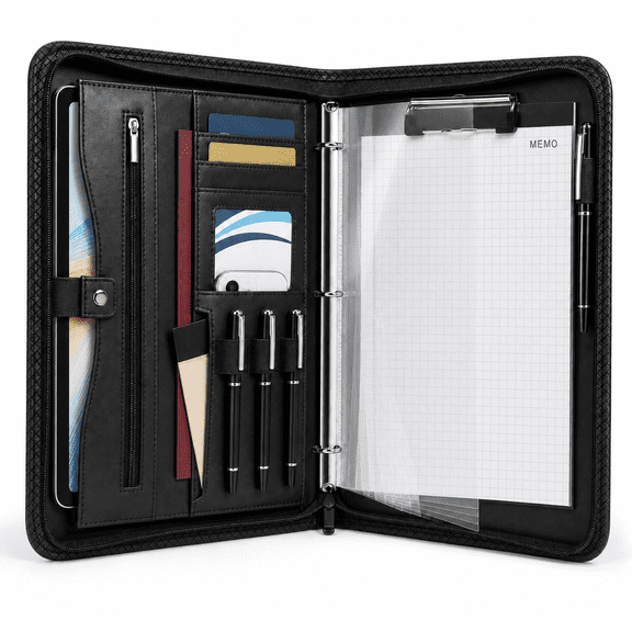 Portfolio Binder Padfolio Organizer, 3-Ring Binder with Zipper, Vegan Leather Resume Portfolio Fits 13-Inch Tablet, Includes Pen and 10 Sheet Protectors, for Men and Women