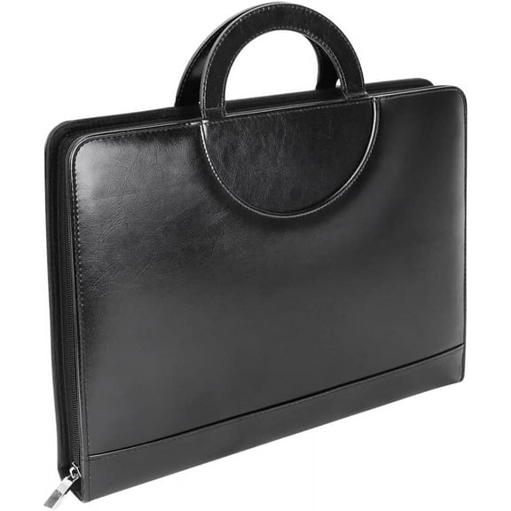 Portfolio Binder with Handle, Leather Portfolio with Zipper for Women/Men, Portable Briefcase Business Portfolio with Card Slot & Note Clip (Black)