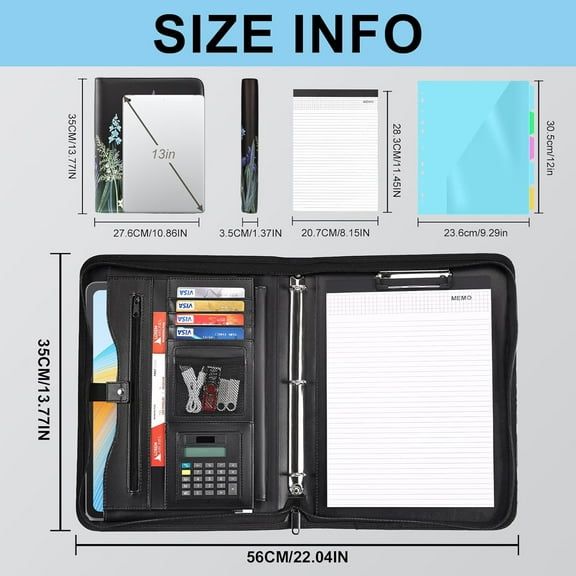 Portfolio Organizer - 3 Ring Binder with Zipper, Vegan Leather Business Padfolio Folder with Notepad Includes 5 Color Sheet Protectors for Documents Files for Men Women