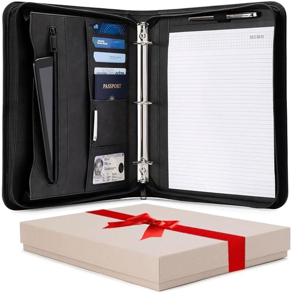 Portfolio Orizer - 3 Ring Binder with Notepad 1.5 Inch Rings Zippered Stora Pockets for Papers, Travel Documents, Presentation Folder, Cards, Passport, Tickets