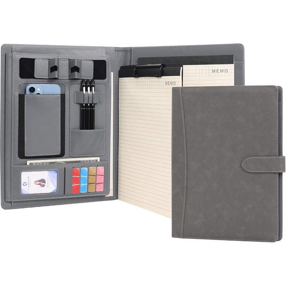 Portfolio Padfolio A4 Leather PU Folder File Document Holder Case with Writing Pad Removable Clipboard Card Stationary Case Phone Tablet Stand for Organizer Office Travel School (Grey)