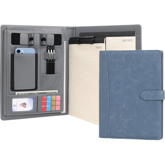 Portfolio Padfolio A4 Leather PU Folder File Document Holder Case with Writing Pad Removable Clipboard Card Stationary Case Phone Tablet Stand for Organizer Office Travel School (Blue)