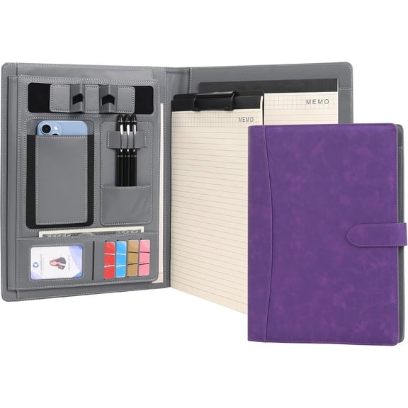 Portfolio Padfolio A4 Leather PU Folder File Document Holder Case with Writing Pad Removable Clipboard Card Stationary Case Phone Tablet Stand for Organizer Office Travel School ()