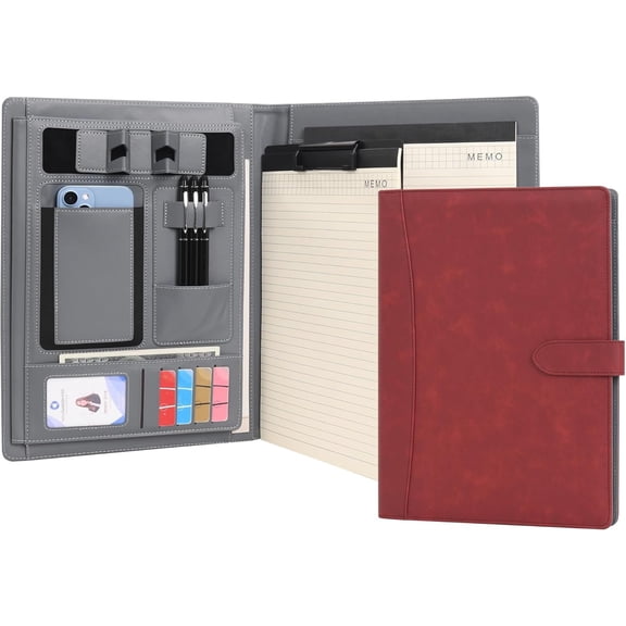 Portfolio Padfolio A4 Leather PU Folder File Document Holder Case with Writing Pad Removable Clipboard Card Stationary Case Phone Tablet Stand for Organizer Office Travel School (Red )