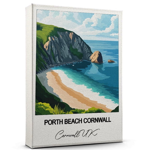 Porth Beach Cornwall Travel Art Canvas – Modern Wall Art Inspired by Cornwall UK Canvas – Great Gift for Travel Lovers – Ready to Hang