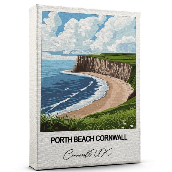 Porth Beach Cornwall Travel Canvas Wall Art Nature-Inspired Travel Decor with Scenic Views Cornwall UK Canvas Wall Print A Captivating Gift for Adventure Seekers
