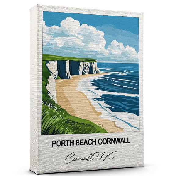 Porth Beach Cornwall Travel Poster Canvas Cornwall UK Canvas Unique Gift Idea for Home, Office, or Living Space