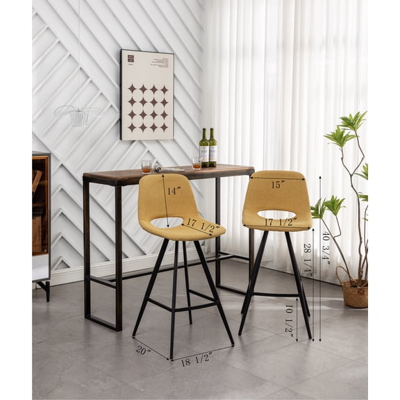Porth Fabric Kitchen 28.25 Counter Height Stools Set of 2 Yellow Polyester Upholstered with Footrests for Kitchen Island
