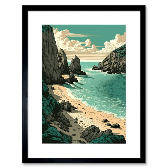 Porthcurno Beach Coastal Landscape Illustration Artwork Framed Wall Art Print 9X7 Inch
