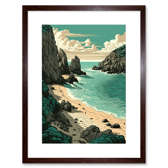 Porthcurno Beach Coastal Landscape Illustration Artwork Framed Wall Art Print 9X7 Inch