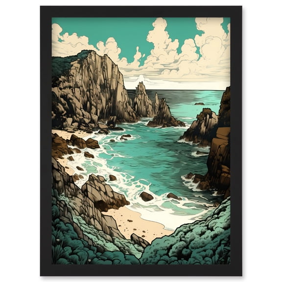 Porthcurno Granite Cliff Beach Coastal Landscape Artwork Framed Wall Art Print A4