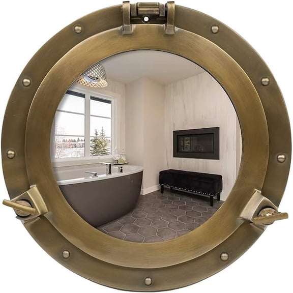 Porthole Mirror - 15 Inch Brass Finish | Nautical Wall Décor for Bathroom and Bedroom | Antique Wall Mounted Aluminium and Steel Alloy Vintage Port Hole Window Décor