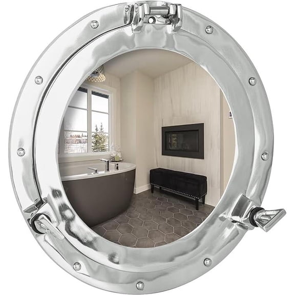 Porthole Mirror - 18 Inch Nickel Silver White Finish | Nautical Wall Dcor for Bathroom and Bedroom | Antique Wall Mounted Aluminium and Steel Alloy Vintage Port Hole Window Dcor
