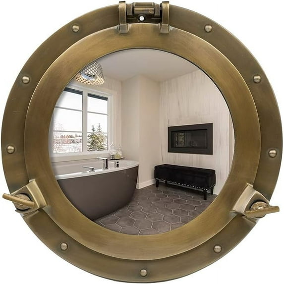 Porthole Mirror - 20 Inch Brass Finish | Nautical Wall Décor for Bathroom and Bedroom | Antique Wall Mounted Aluminium and Steel Alloy Vintage Port Hole Window Décor