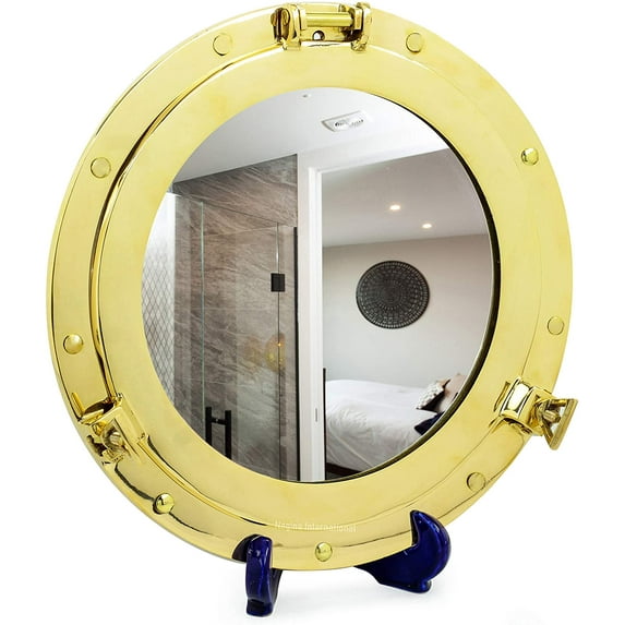 Porthole Mirror Solid Brass - Functional Nautical Home Decor | Ship's Porthole Frame with Wall Mirror | Vintage Maritime Wall Art | Decorative Round Mirror Coastal & Beach-Themed Spaces (08 Inches)