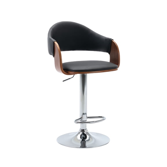 Porthos Home Emir Bar Stool With PU Leather Upholstery, Open Back Design, Height Adjustable Swivel Seat, Shiny Chrome Pedestal Base With Footrest (For Home Bar Or Kitchen Island)