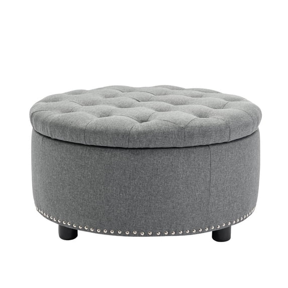 Porthos Home Nala Round Storage Ottoman, Tufted Fabric, Nailhead trim
