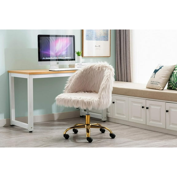 Porthos Home Nara 360° Swivel Office Chair with Shaggy Plush Upholstery, Stylish Gold Metal Legs, Roller Caster Wheels and Instant Adjustable Height (Suitable for Small Offices and Home Studios)