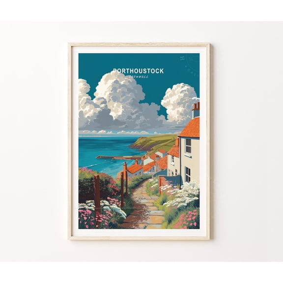 Porthoustock Cornwall England Fishing Village Coastal Wall Art, Unframed Canvas 8x10in