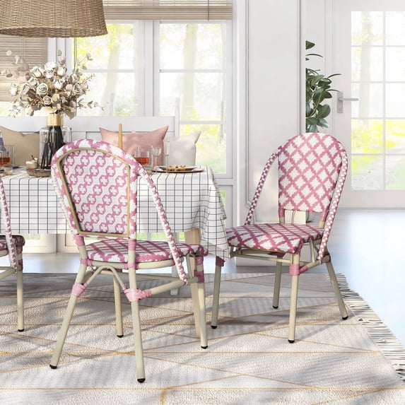 Portia Aluminum and PE Wicker Star-like Woven Pattern Patio Chairs, Set of 2, Pink